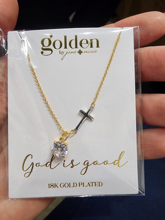 GOD IS GOOD Silver Cross/Gold Chain with Rhinestone Necklace