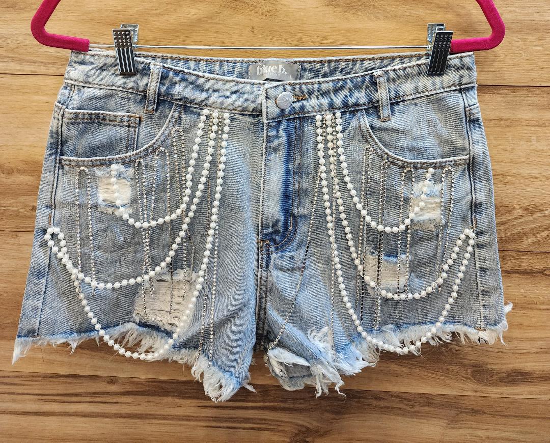 "Laney" High Waist Pearl/Rhinestone Fringe Detail Short